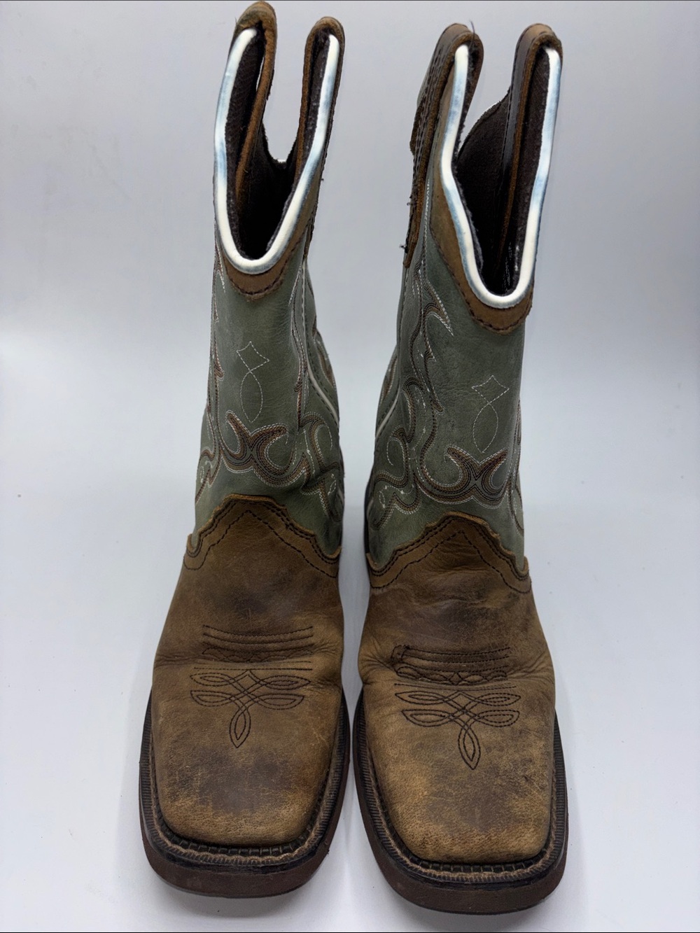 Justin Women’s Western Pull-On Leather Boots Brown/Green Square Toe 8B